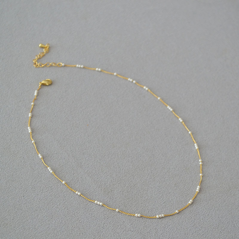 法式小众设计简约迷你baby小珍珠间隔黄铜镀金优雅极细项链锁骨链详情4