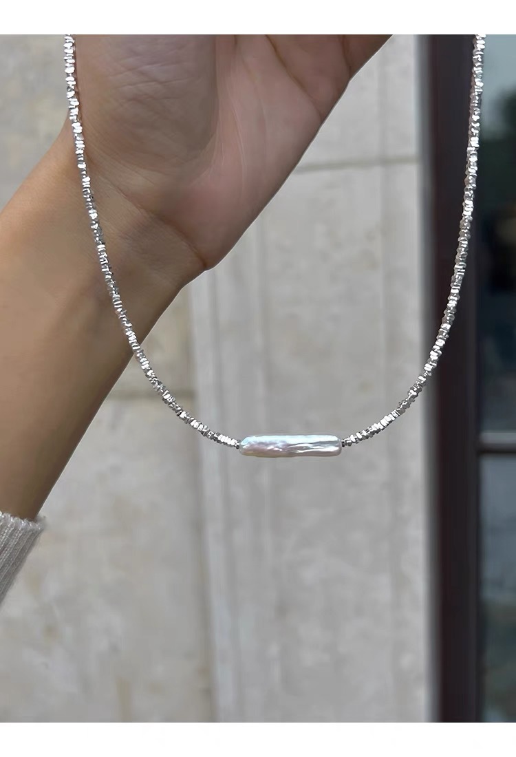 巴洛克异形淡水珍珠小银条珍珠项链镀银碎银子轻奢气质时尚锁骨链详情18