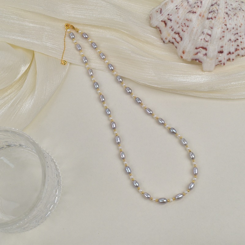 45cm natural freshwater pearl grey rice bead necklace for women, light luxury, simple and versatile collarbone chain S925 silver neck chain pic 9