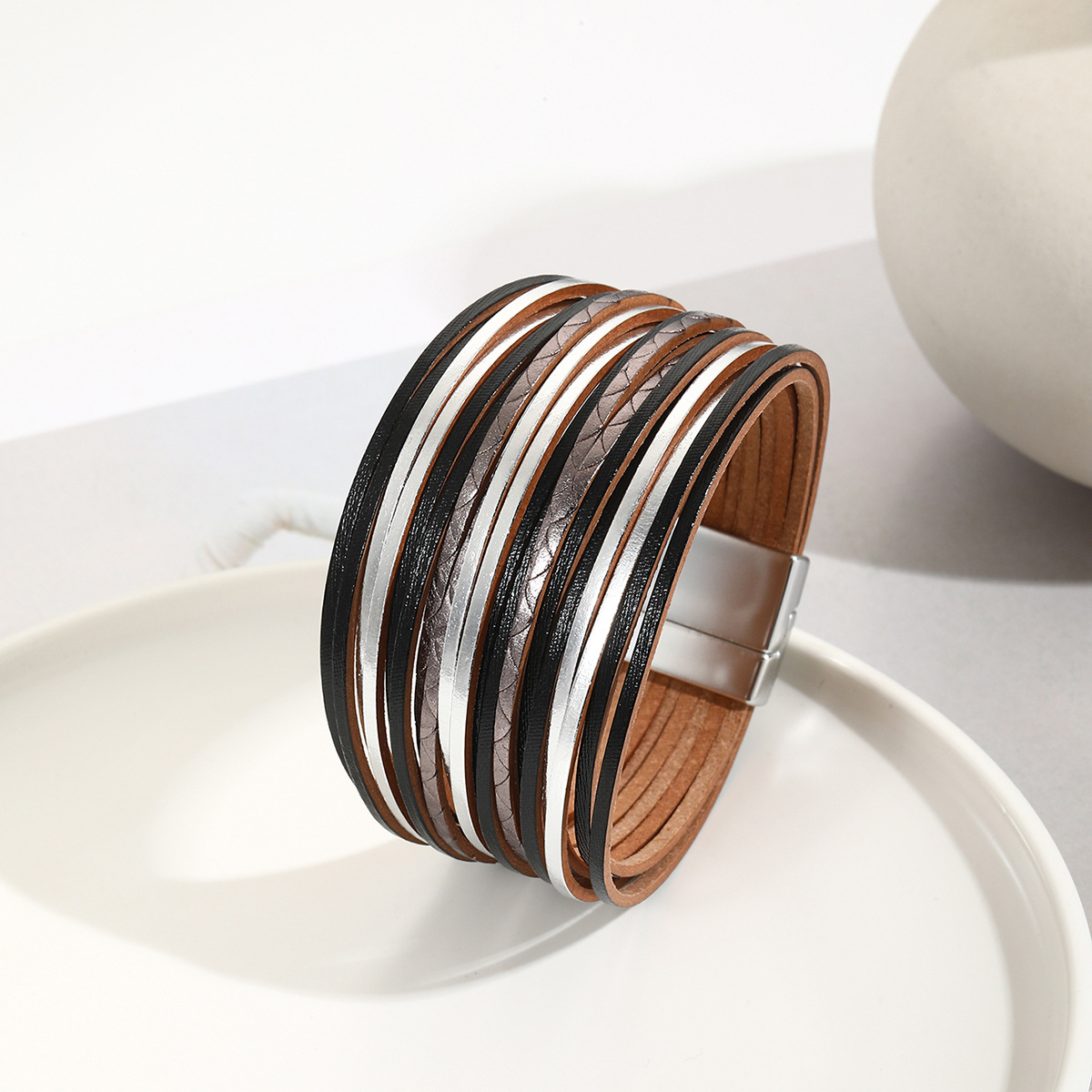 新款亚马逊多条渐变男手环皮绳混色百搭女士PU皮革皮手链磁扣手镯详情36