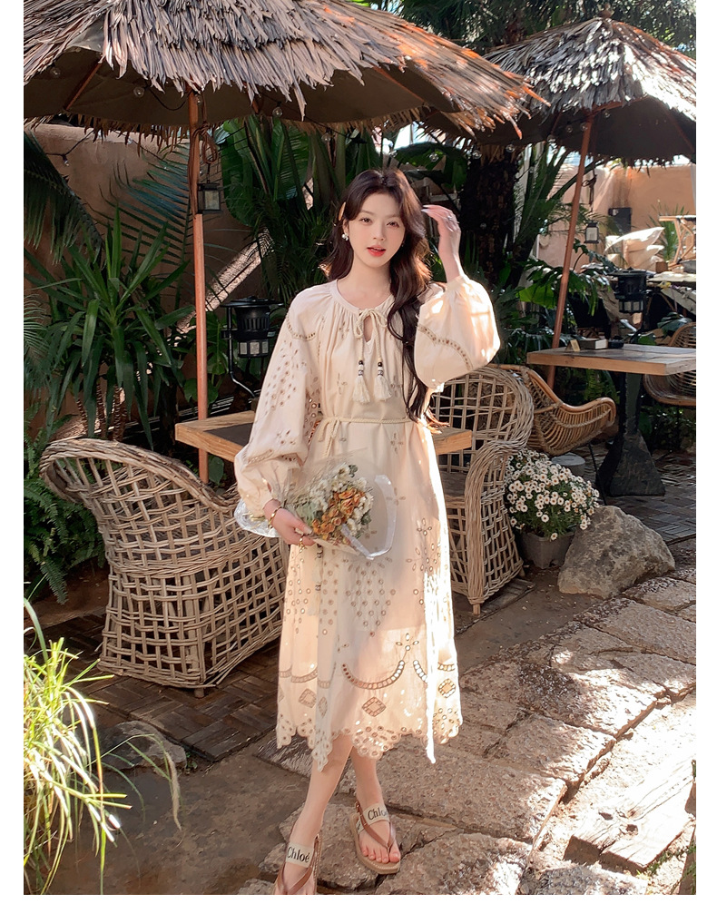 Real photo of a retro, gentle, cut-out embroidered V-neck apricot-colored dress, 2025 new seaside vacation style long-sleeved umbrella dress pic 30