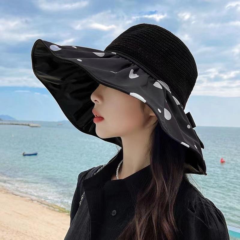 新款夏季百搭户外遮阳帽大帽檐渔夫帽便携防晒太阳帽蝴蝶结女士帽详情11