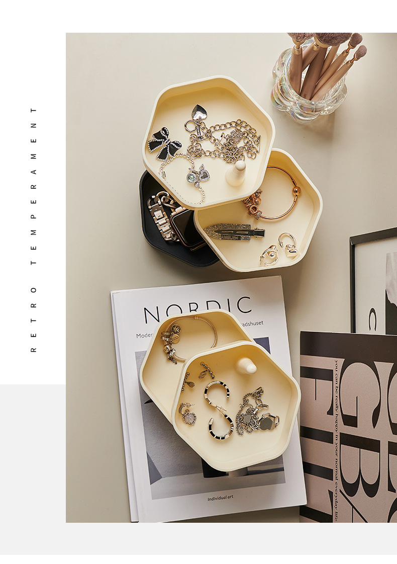 Cream-style rotating jewelry storage box, multi-layer necklace, stud earrings, bracelet, shelf, compartmented desktop jewelry box pic 6