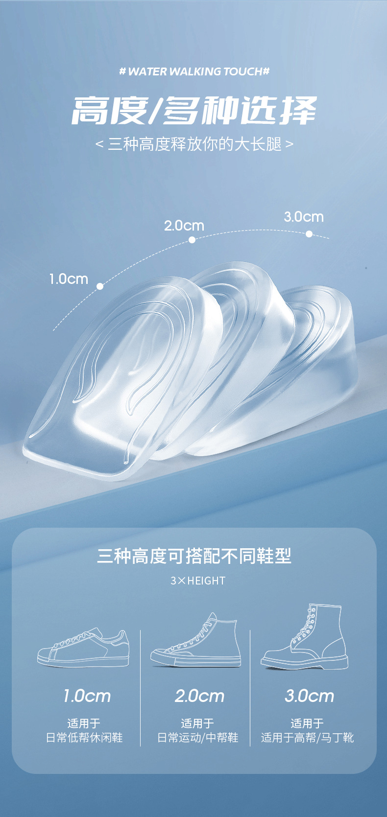 硅胶透明增高鞋垫男女隐形半垫内增高神器后跟垫马丁靴运动不累脚详情3