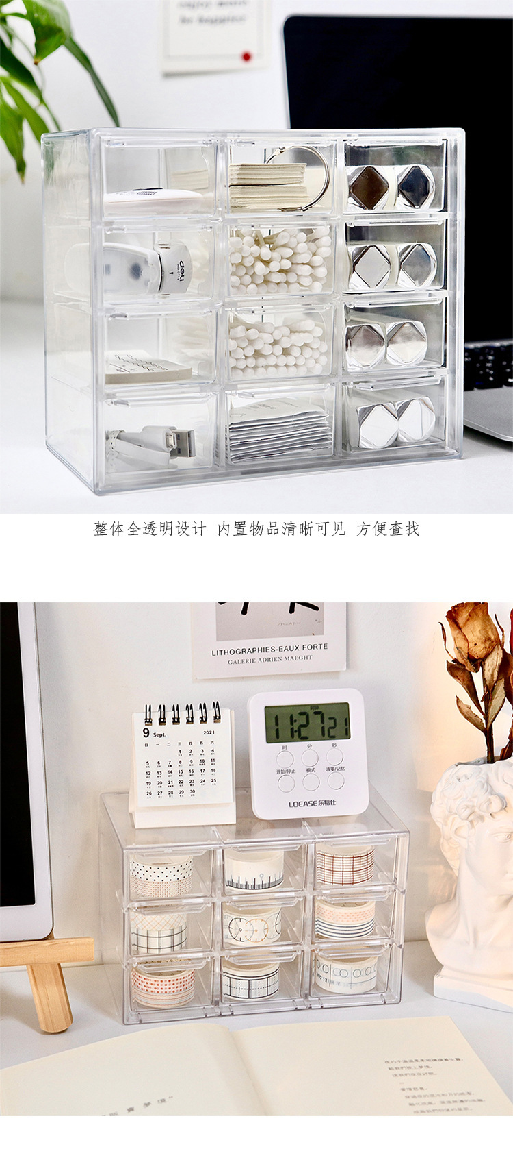 Transparent nine-grid and six-grid dust-proof drawer-style storage box, stationery and jewelry, 12-grid cosmetics storage, for students pic 2