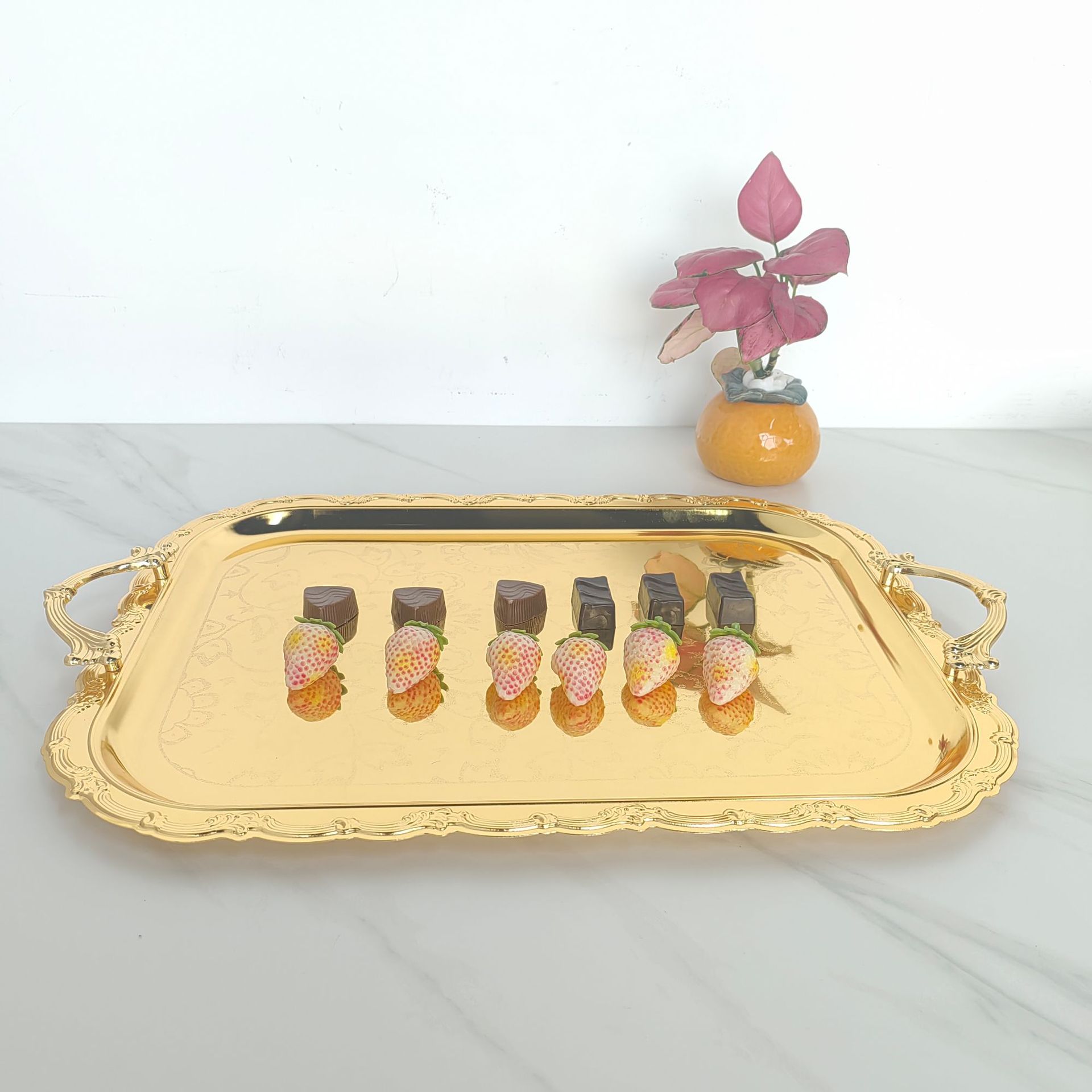 轻奢腾花纹长方形金色托盘餐厅端菜盘自助餐酒店甜点水果收纳盘详情8