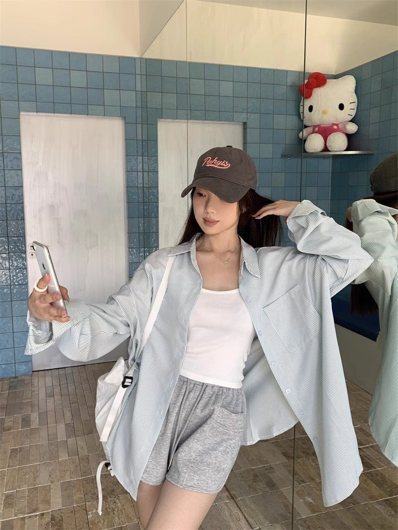 复古港风条纹衬衫外套女春夏长袖休闲垂感衬衣设计感上衣跨境批发详情22