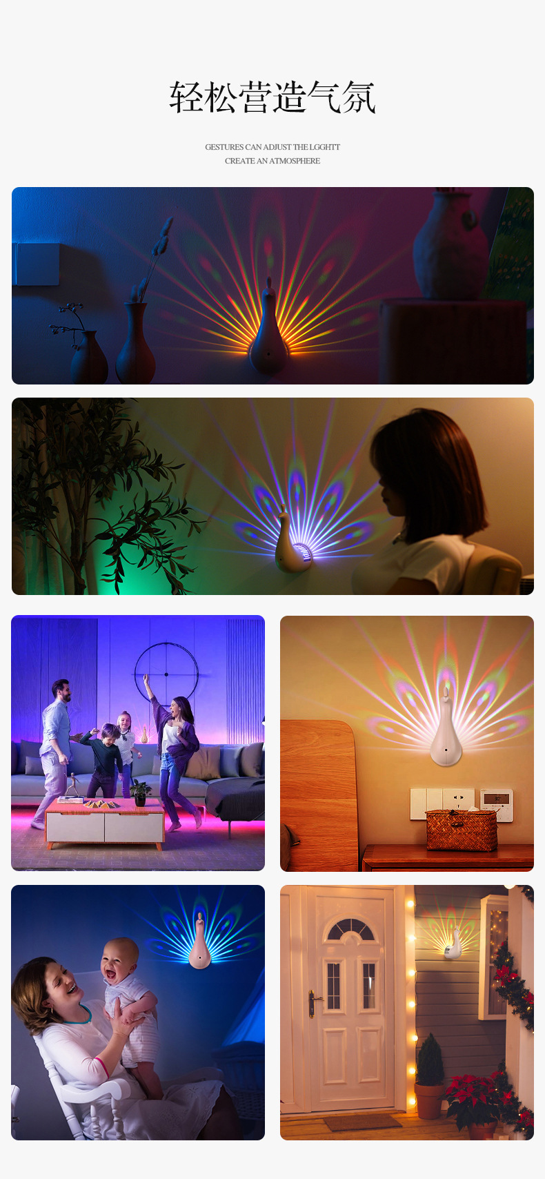 Household daily necessities, remote-controlled wall-mounted bedside creative night lights, ambient lights, peacock seven-color birthday gifts, projection lights pic 11