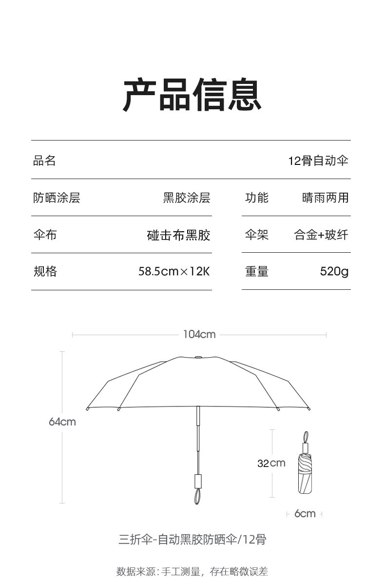 爆款折叠24骨全自动雨伞12骨双龙骨黑胶晴雨两用伞广告伞现货批发详情50