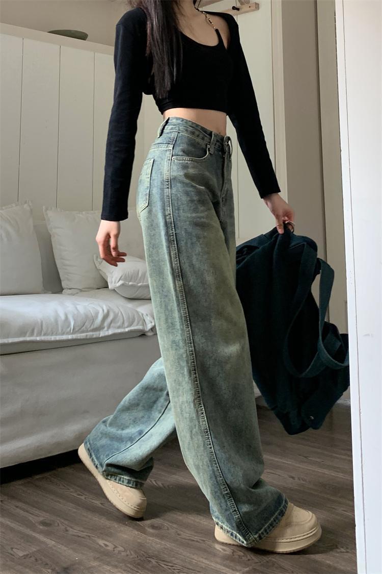 韩版直筒牛仔裤女春秋外穿梨形休闲怀旧复古拖地宽松美式阔腿长裤详情12