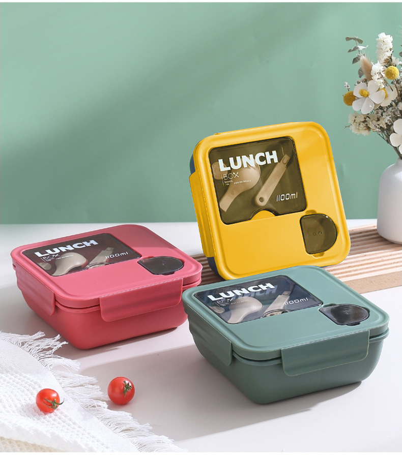 塑料饭盒微波炉学生分格便当盒带餐具酱料盒密封午餐盒方形详情16