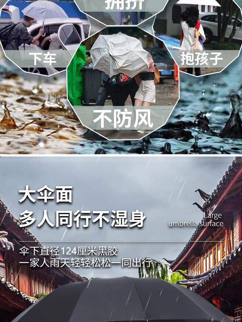 超大3-4人雨伞高级感折叠伞黑胶防晒晴雨伞加固遮阳伞印刷广告伞详情3