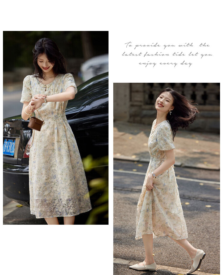 Summer round-neck, waist-cinching, slimming, gentle and elegant dress, French floral short-sleeved dress for women pic 8