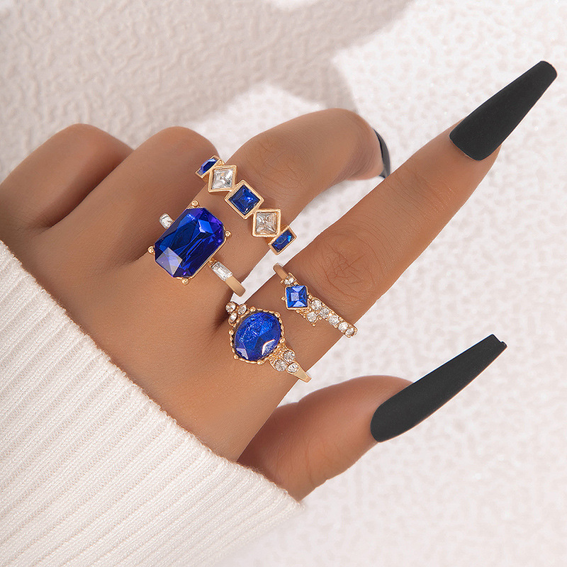 欧美流行饰品戒指手饰 蛇形爱心仿绿宝石镶钻ins风五件套戒指女详情40