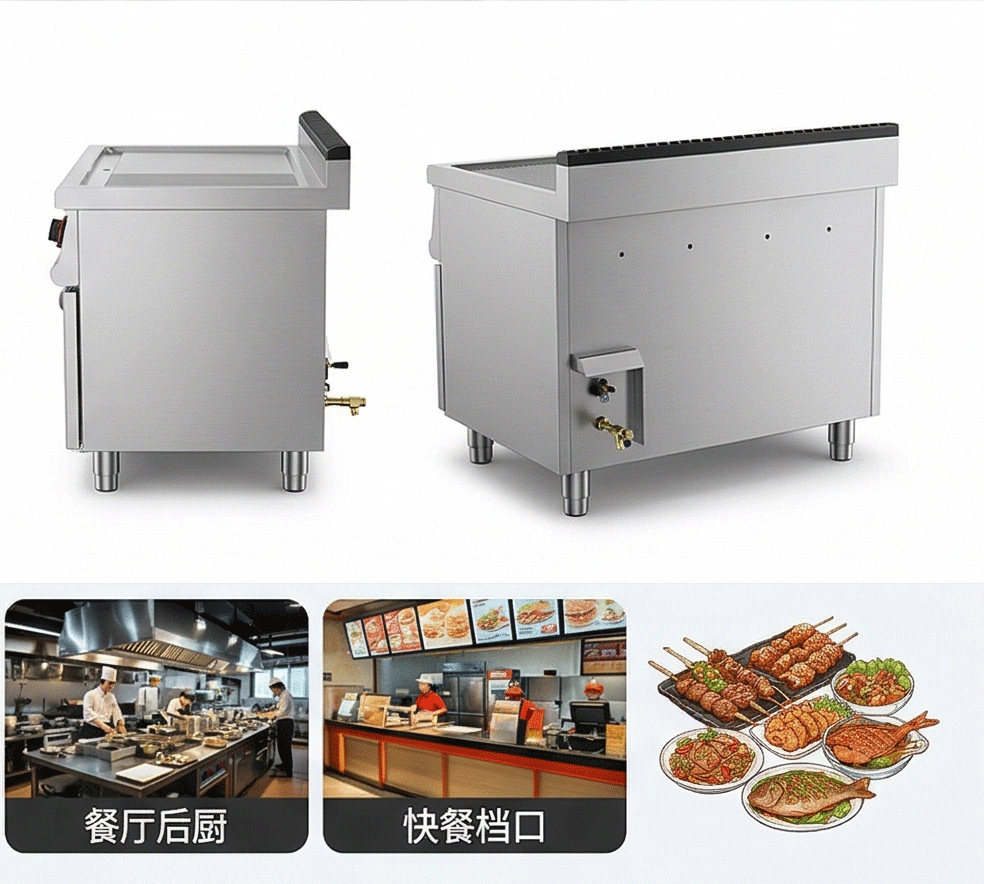 Kaiping Stainless Steel commercial grill machine, multi-functional electric, gas, semi-flat, semi-pit with cabinet base, iron plate grilling and roasting oven pic 4