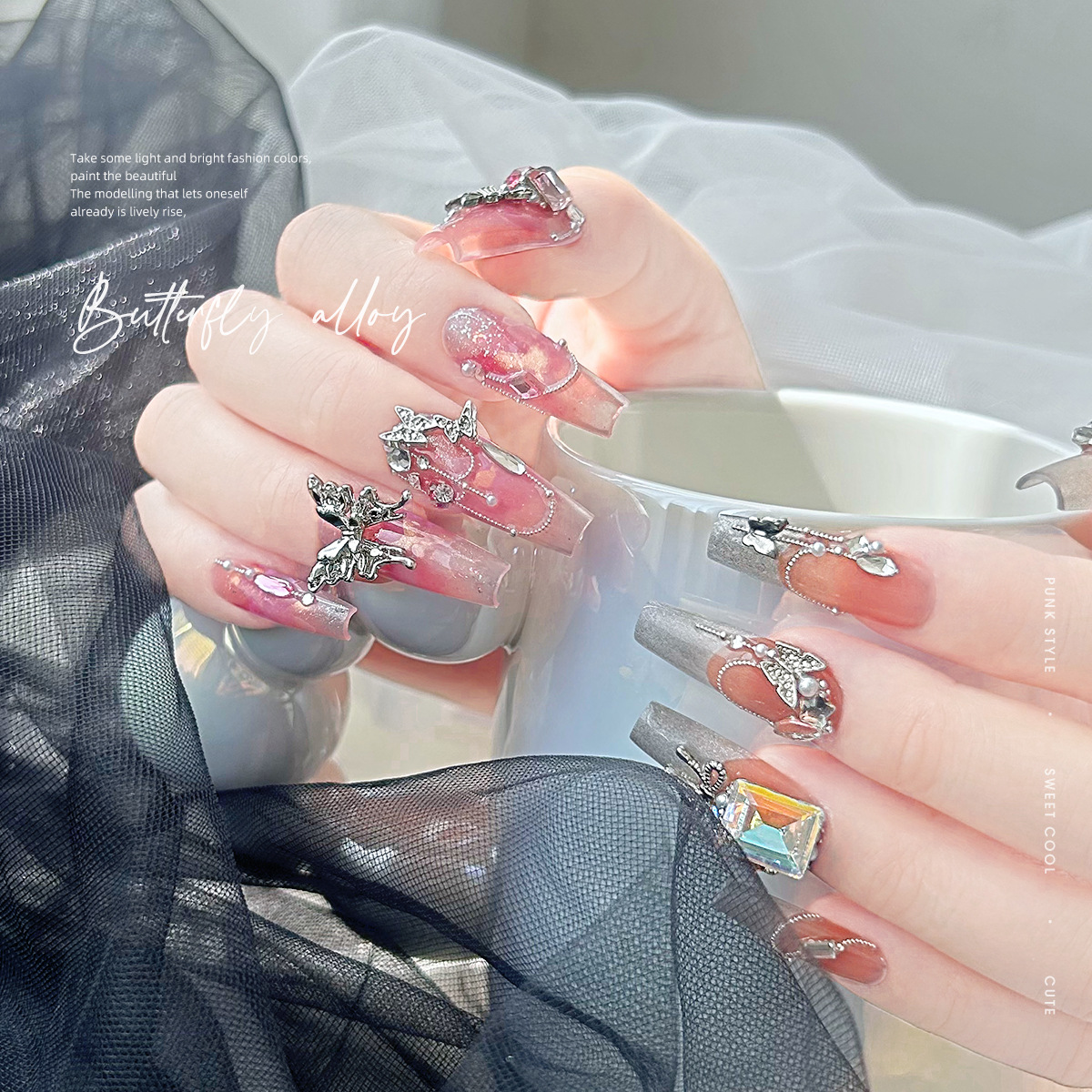 Wholesale of y2k liquid silver alloy butterfly wing hollowed-out mini bow tie nail accessories pic 3
