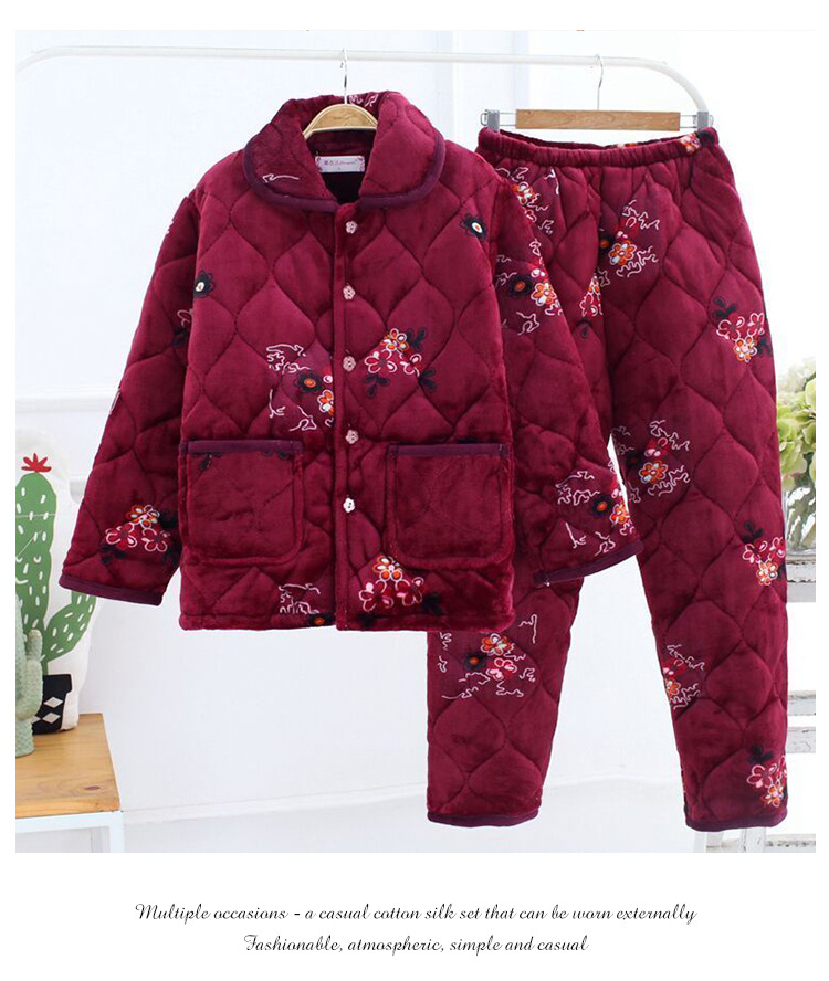 中老年妈妈冬季睡衣女三层加绒加厚夹棉珊瑚绒保暖家居服外穿套装详情35