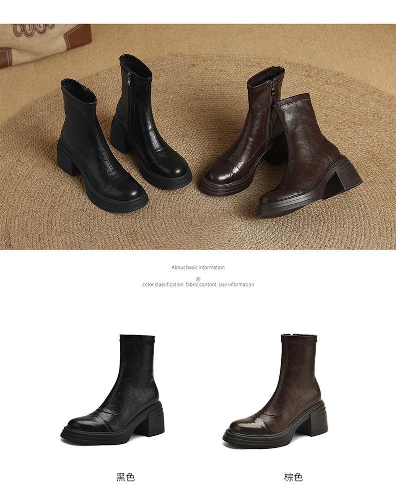 头层牛皮真皮弹力新款瘦瘦靴大码粗跟高跟短靴女秋冬厚底马丁靴详情14