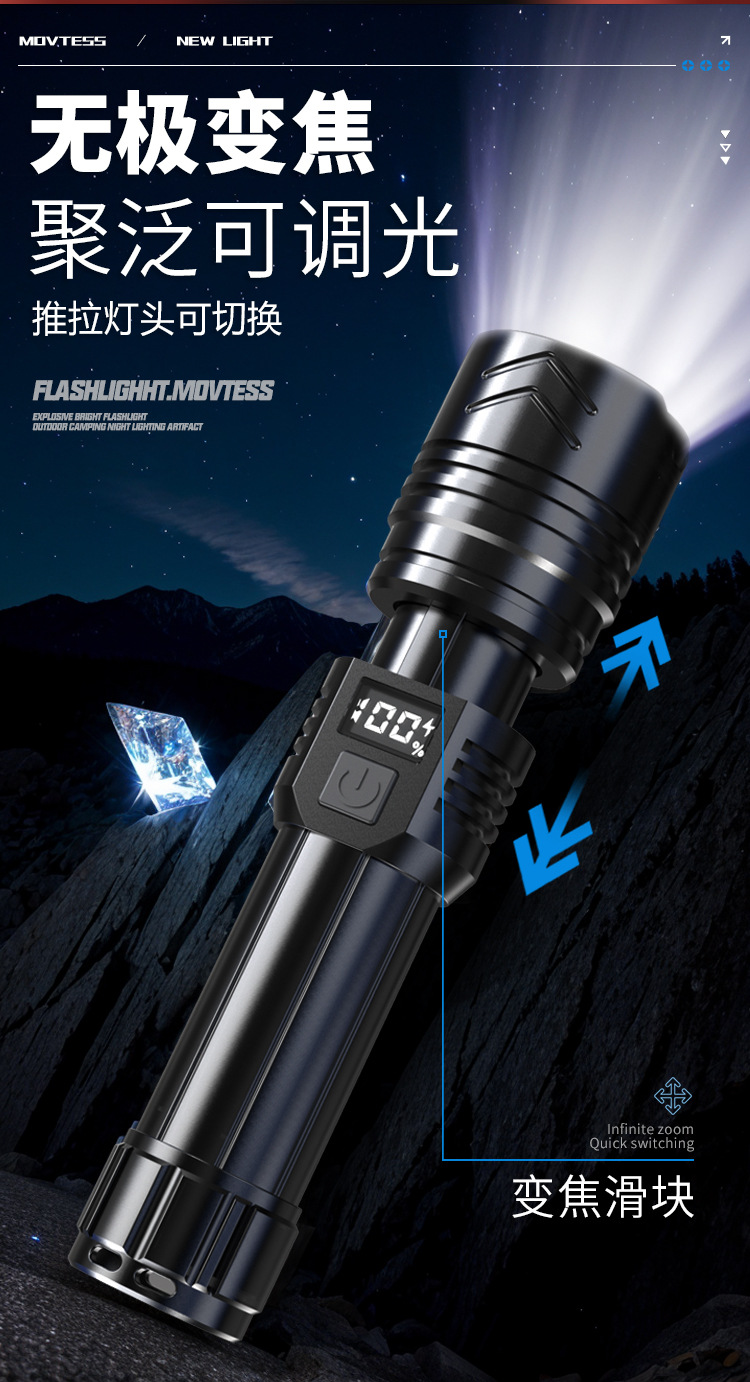 Cross-border flashlight, telescopic zoom flashlight, battery level display, long-lasting battery life, ultra-bright P50 zoom wholesale, USB charging pic 5