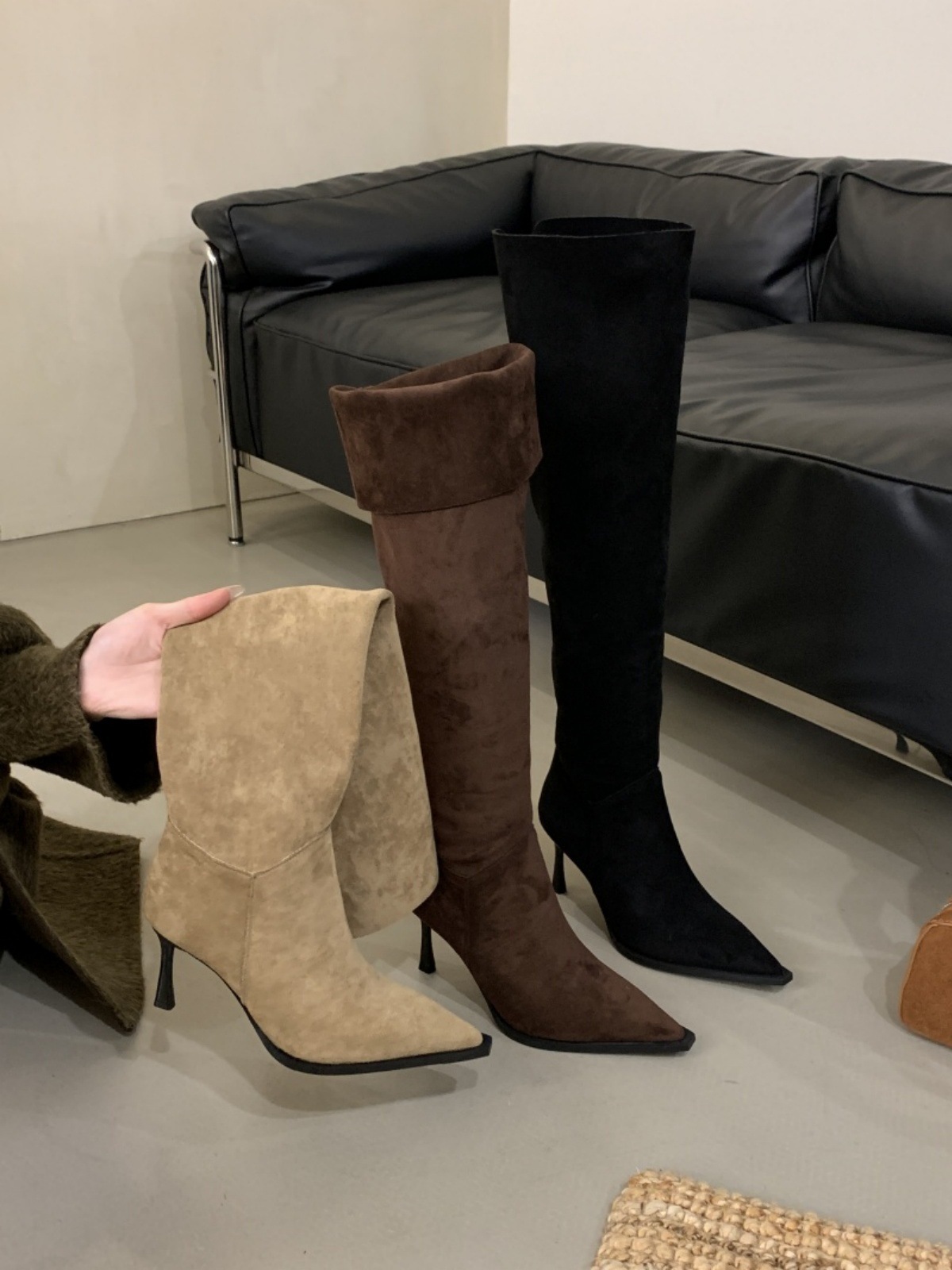 法式一靴多穿高细跟尖头堆堆过膝靴女春秋款侧拉链复古瘦瘦过膝靴详情8