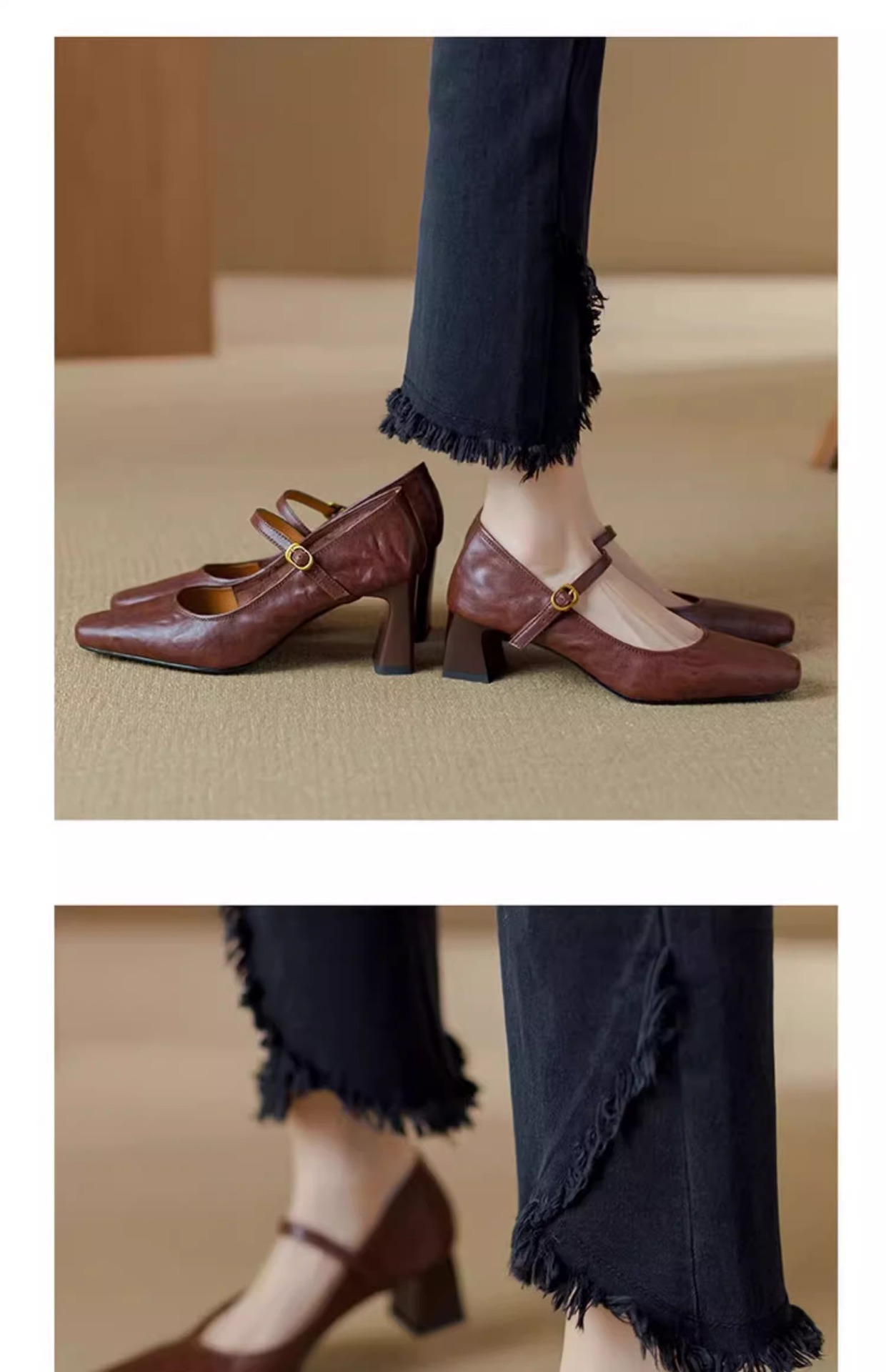 软羊皮黑色高跟鞋2025春秋新款法式复古粗跟一字带玛丽珍鞋女单鞋详情9