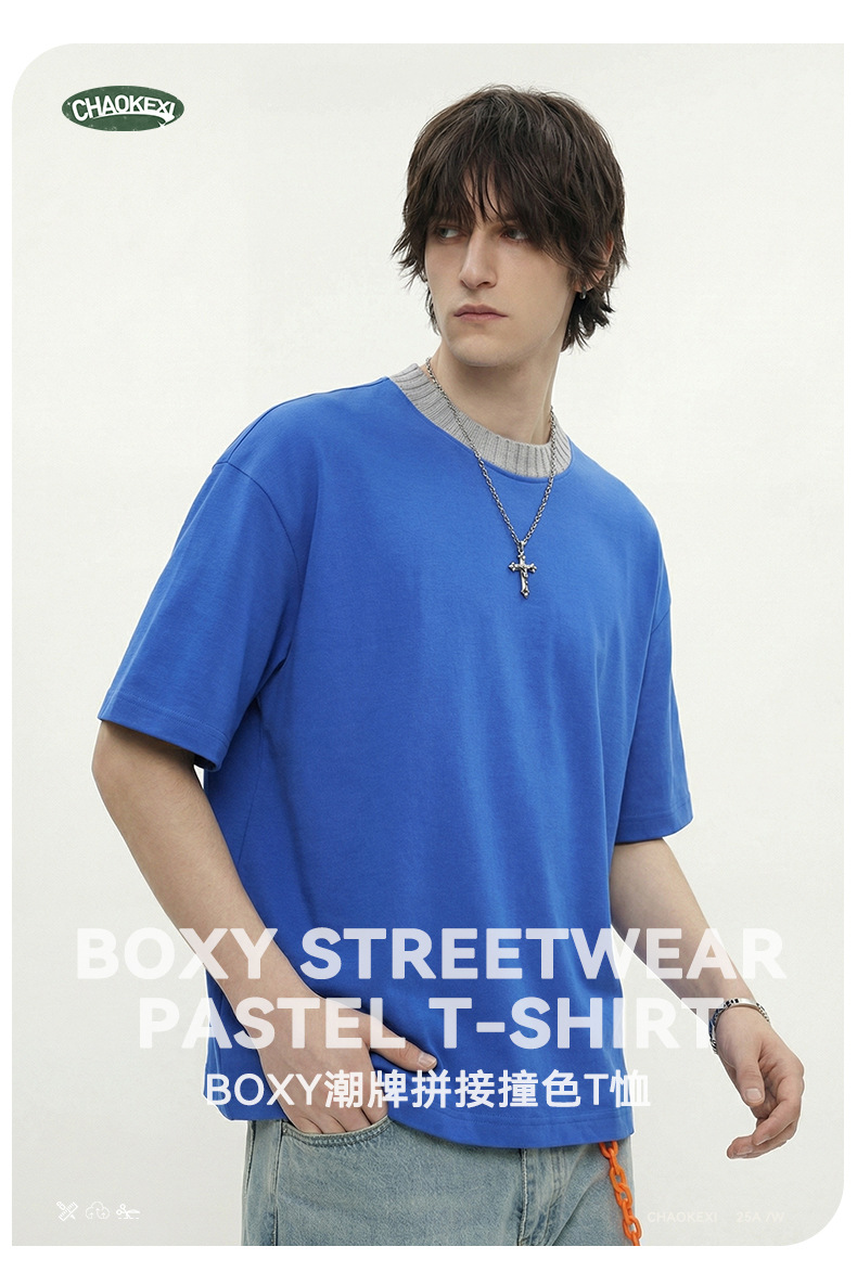 Summer new knitted patchwork color-blocking collar 100% cotton short-sleeved American trendy brand versatile short T-shirt top for men pic 4