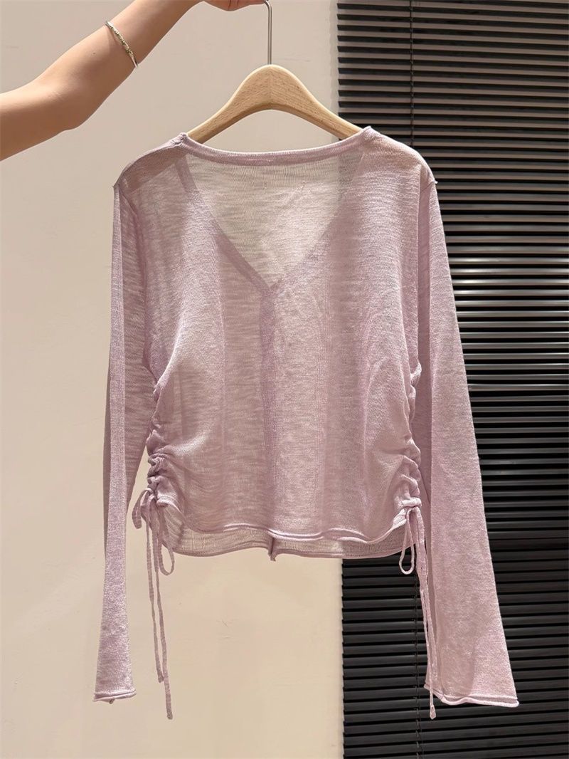 奥特莱斯~大牌余单V领防晒针织长袖开衫女潮夏季新款抽绳薄款上衣详情9