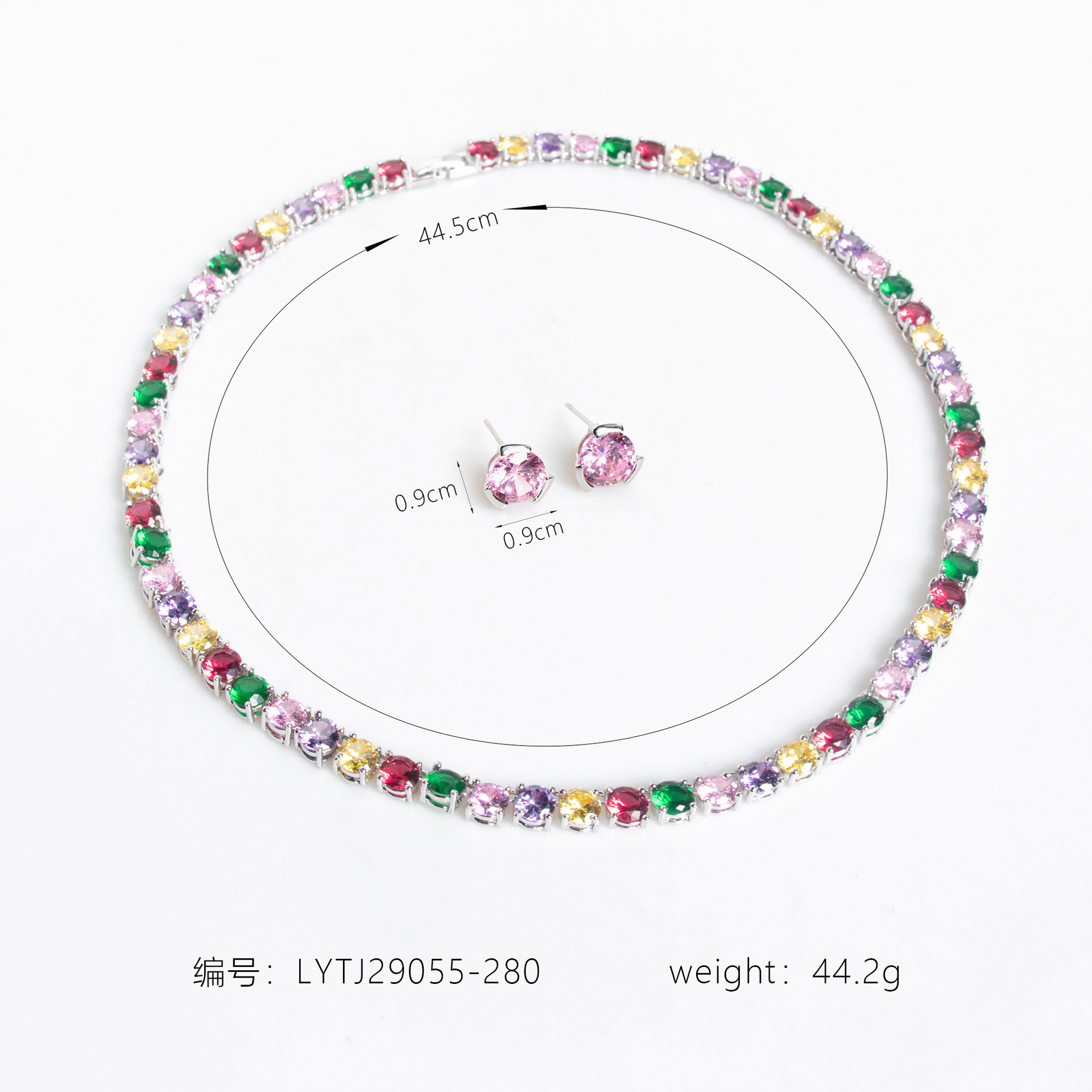 A two-piece set of colorful zircon necklaces for European and American brides, casual and versatile, hip-hop noble stud wedding accessories and earrings pic 2