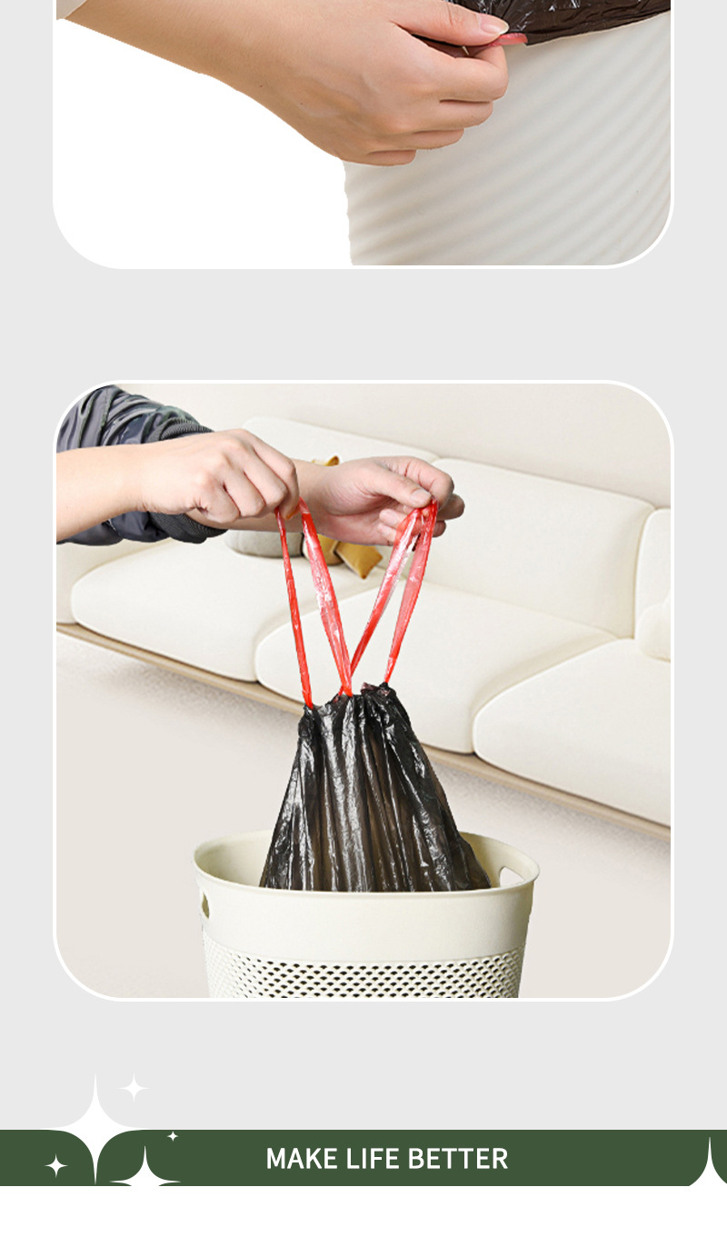 跨境抽绳垃圾袋家用厚款带拎手自动收口一次性塑料袋全英文包装环保耐用便捷清洁用品详情7