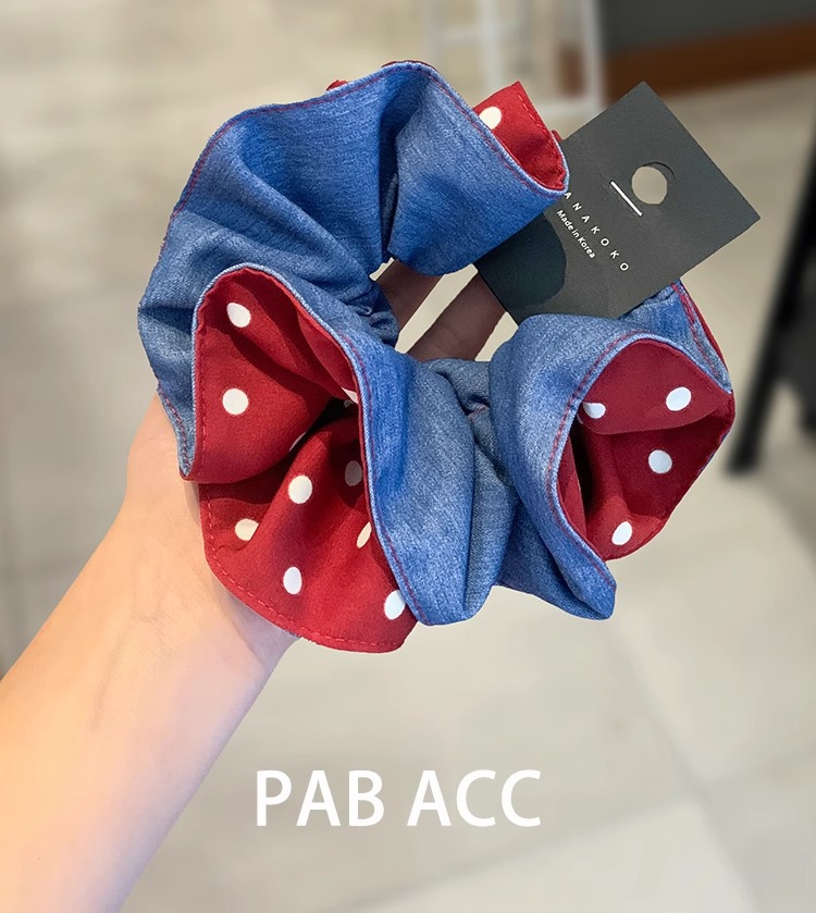 High-end AB side denim blue polka dot pleated fat intestine band double-layer hair binding three-dimensional durable leather band hair band purchased through a Korean agent pic 8