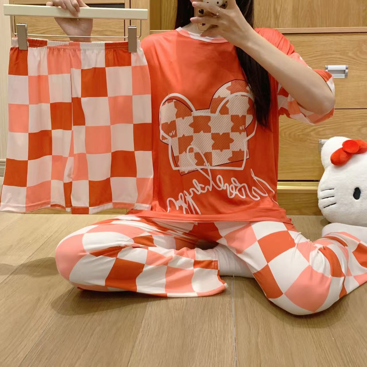 pajamas外贸工厂批发卡通夏季睡衣女短袖大码长裤三件套家居套装详情28