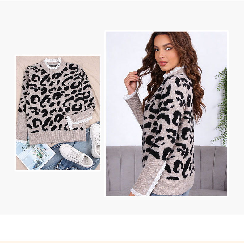 豹纹款毛衣女蕾丝花边拼接圆领长袖套头针织衫欧美时尚休闲毛衣详情2