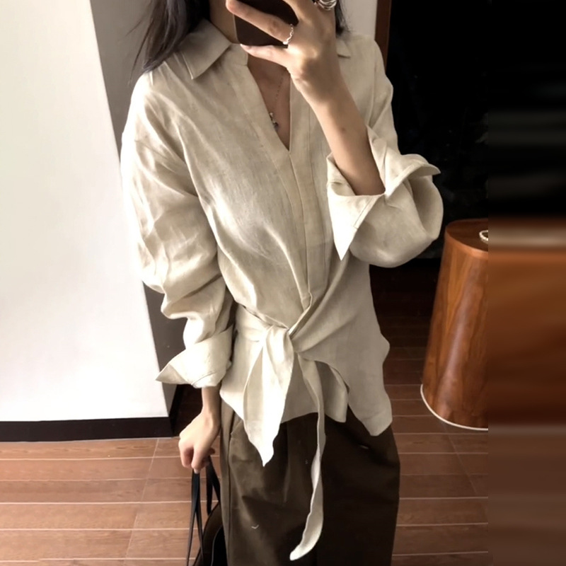 2025超火不规则极简亚麻长袖衬衫衬衣女设计感独特漂亮掐腰上