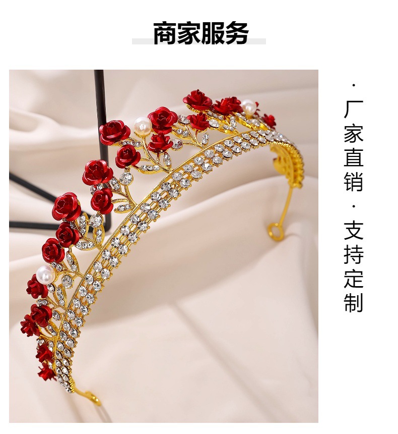 Nuevo compromiso barroco belleza temperamento rosas rojas princesa aros de pelo vestido de novia accesorios corona de novia pic 19