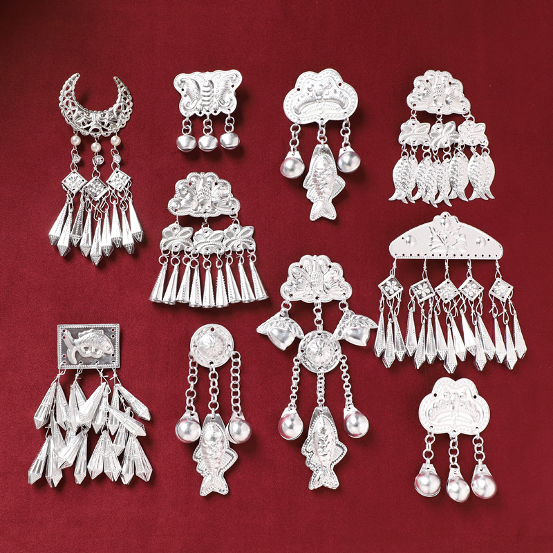Miao ethnic style headwear, hair clips, retro Miao silver tassels, foot swaying, Hanfu, ancient style, Warring States period robe, side hair clips for women pic 1
