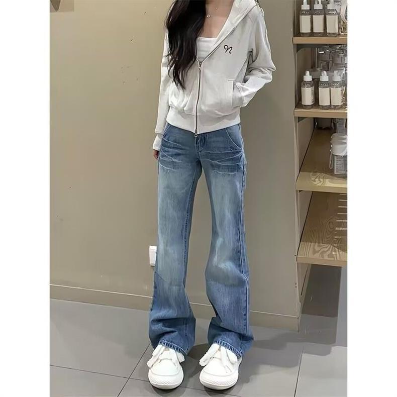 Retro American design style jeans for women, flared straight leg, new loose and slimming skinny skinny floor-length pants for chubby girls pic 5