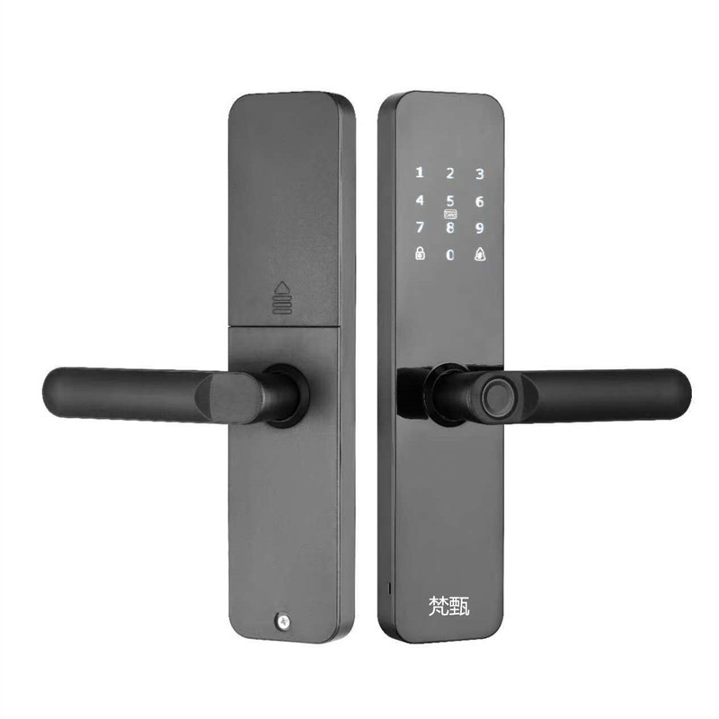 Black smart door lock with facial and fingerprint recognition, digital keyboard handle, specially designed for wooden doors pic 14
