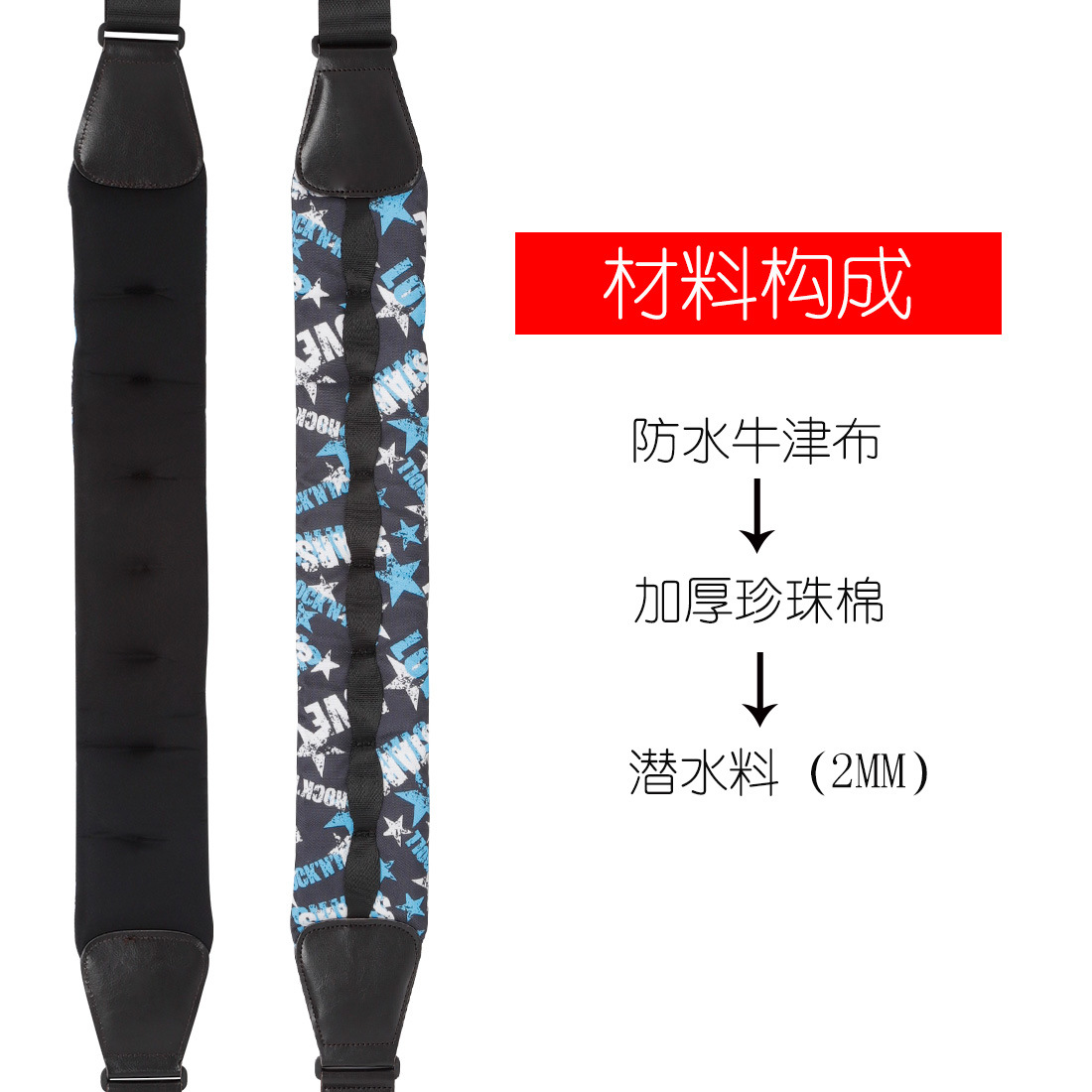 The guitar strap is made of cotton, thickened and widened, adjustable leather strap, pressure-reducing strap, and blue and white star bass shoulder strap pic 4