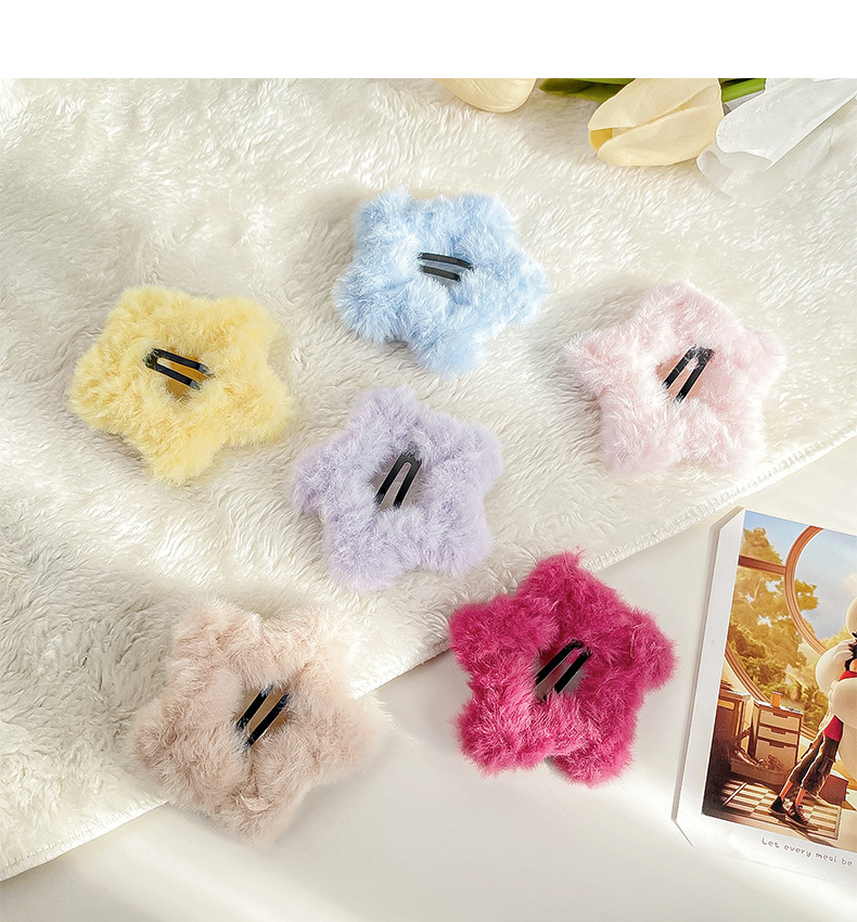 Cream-colored plush star hair clips, soft and cute five-pointed star hair clips, sweet and girlish bb clips, bangs clips, autumn and winter hair accessories pic 8