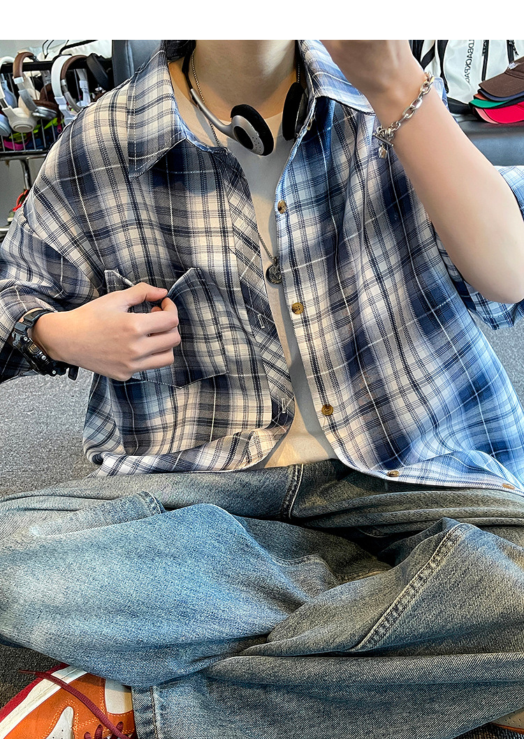 简恒日系复古印花短袖格子衬衫男女休闲夏季宽松BF风撞色情侣衬衣详情22