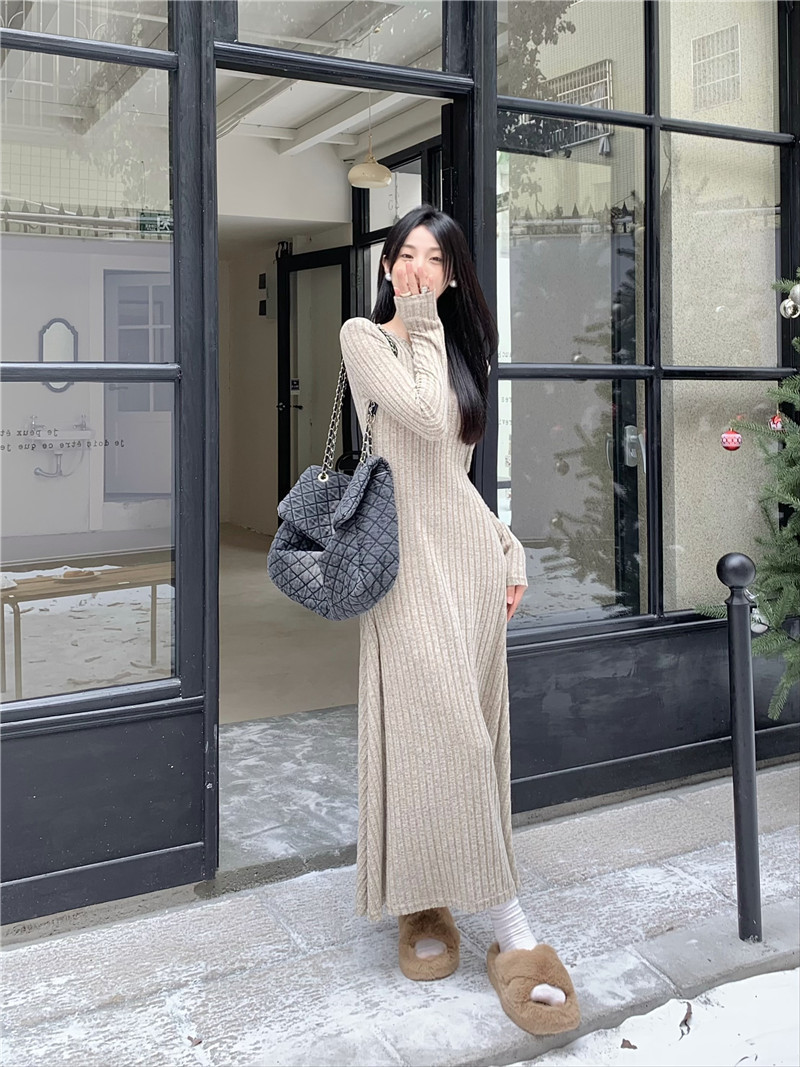 Retro, simple and versatile knitted long-sleeved dress for women, spring waist-cinching and slimming A-line dress, new autumn and winter base long dress pic 22
