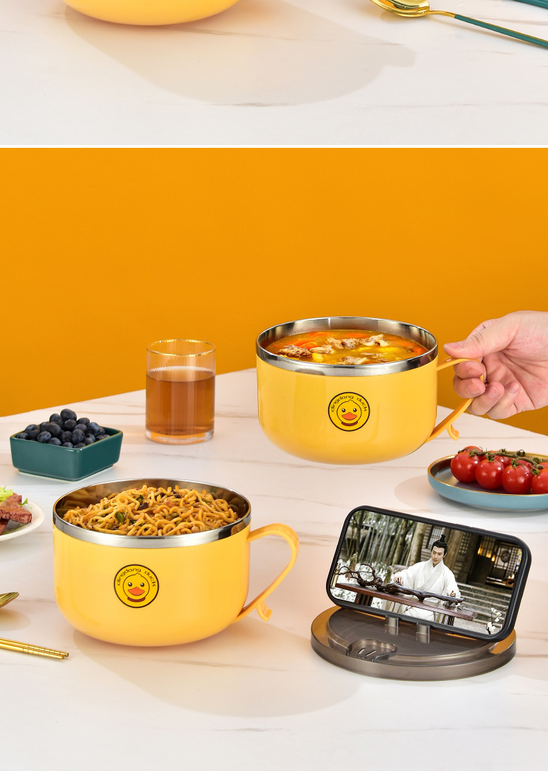 304 stainless steel instant noodle bowl, little yellow duck lunch box with lid, stand, draining water, student lunch box, portable dormitory lunch box pic 18