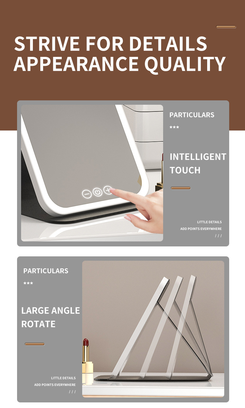 跨境爆款led化妆镜随身便携可折叠带灯充电梳妆镜桌面补光皮壳镜详情14