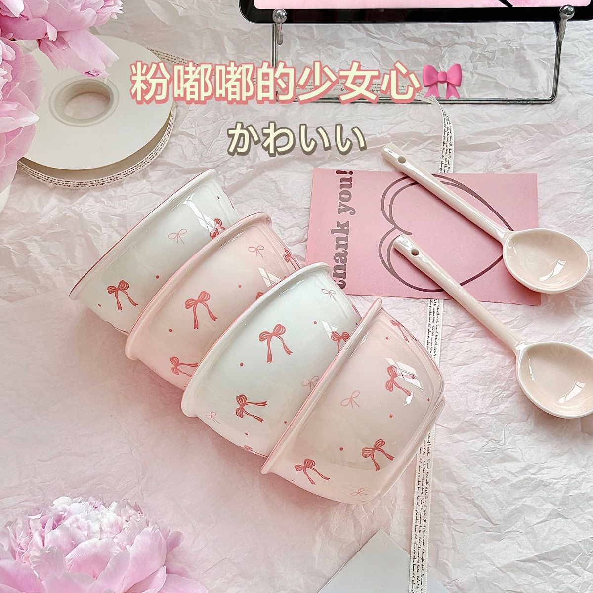 Cute household underglaze ceramic tableware with high appearance level, couple bowl set, dormitory rice bowl and spoon set pic 7