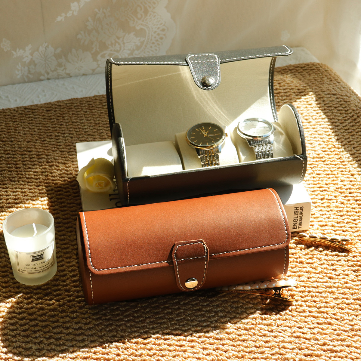 圆筒式防尘手表收纳盒便携腕表首饰盒简约皮质手链展示盒子手表盒详情8