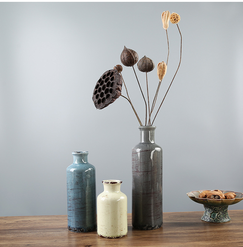2025 Cross-border Rural Ice-Crack Ceramic Vase in Gray, Blue and Green 3-piece Set Bohemian Retro Home Decoration Farmhouse Vase pic 1
