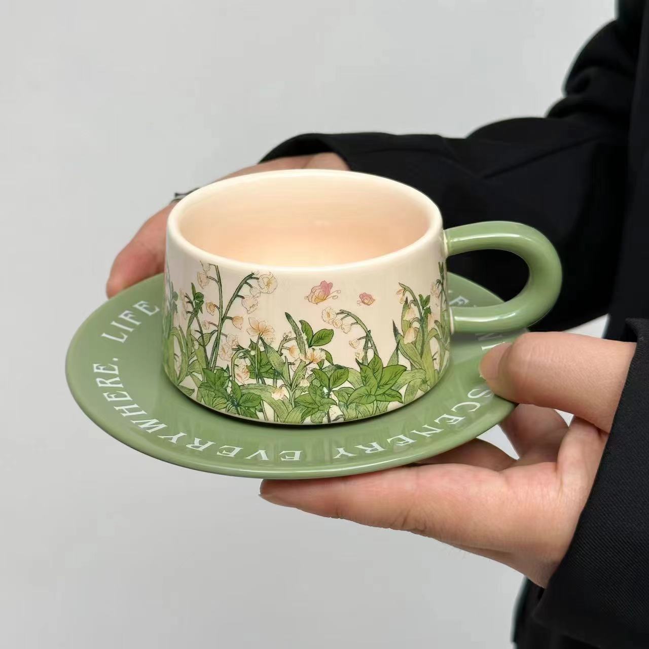 复古美式陶瓷杯碟中古风油画绿铃兰花咖啡杯碟赫本风下午茶马克杯详情1