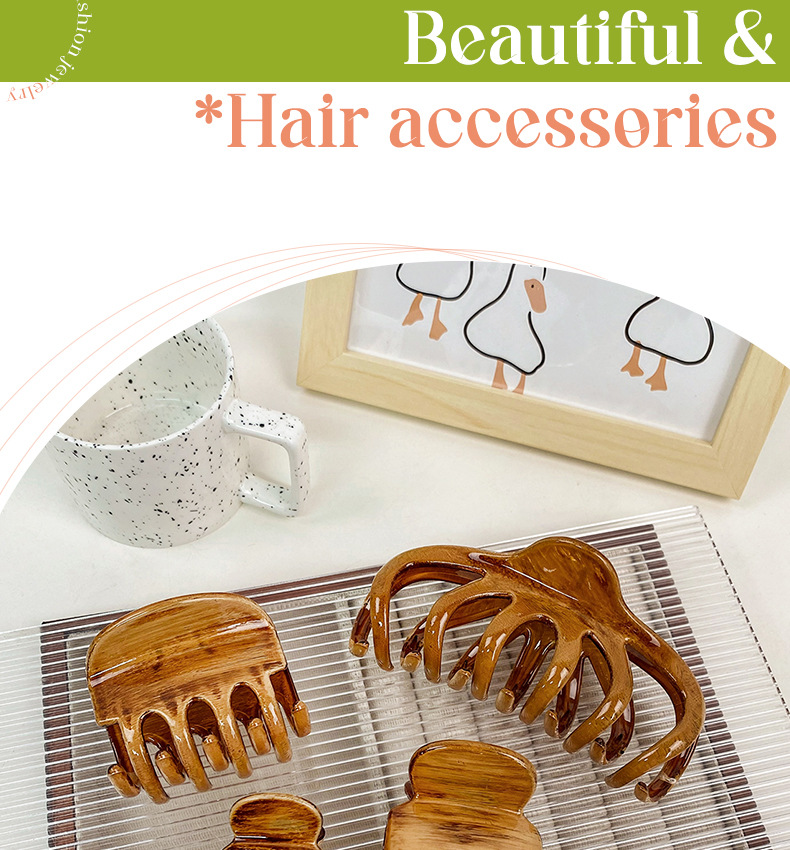 French-style laid-back style, with a large amount of shark-shaped hair clips and wood grain, capable of grasping the back of the head, long and curly hair, and hair accessories pic 3