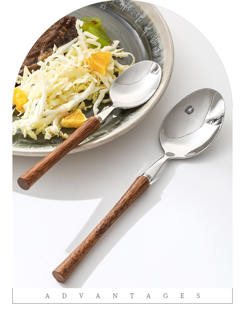 新款304不锈钢小蛮腰西餐牛排刀叉勺新中式实木手柄甜品勺子餐具详情8