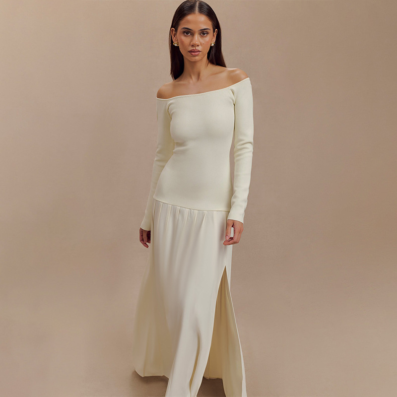 D016DS European and American cross-border 2024 Autumn new solid color one-shoulder long-sleeved slim French patchwork long dress pic 8